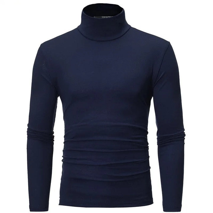 Donkerblauw shirt met lange mouwen en hoge opstaande hals, vooraanzicht op witte achtergrond 6