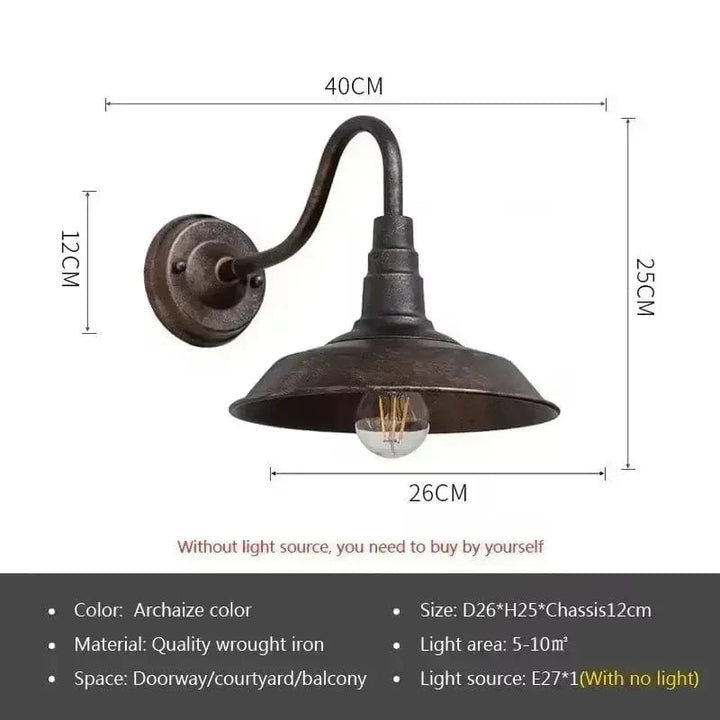 Maatschets van de wandlamp met roestbruine kap op trapvormige steel en gebogen arm, met afmetingen en specificaties. 1