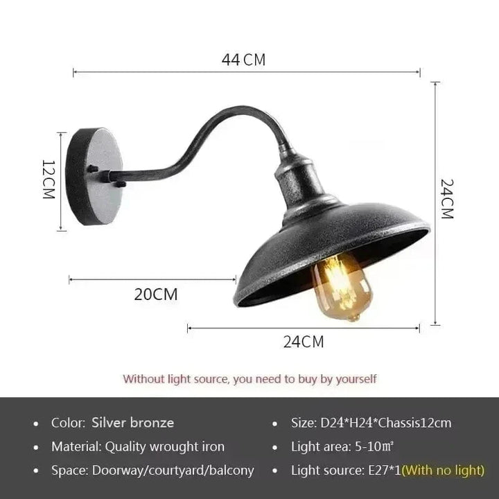 Maatschets van de wandlamp met lage, zilverbronskleurige kap op lange gebogen arm, met afmetingen en specificaties. 2