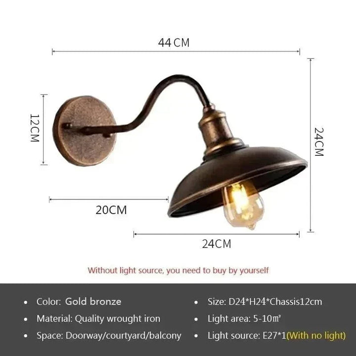 Maatschets van de wandlamp met brons-gouden kap op lange gebogen arm, met afmetingen en specificaties. 3