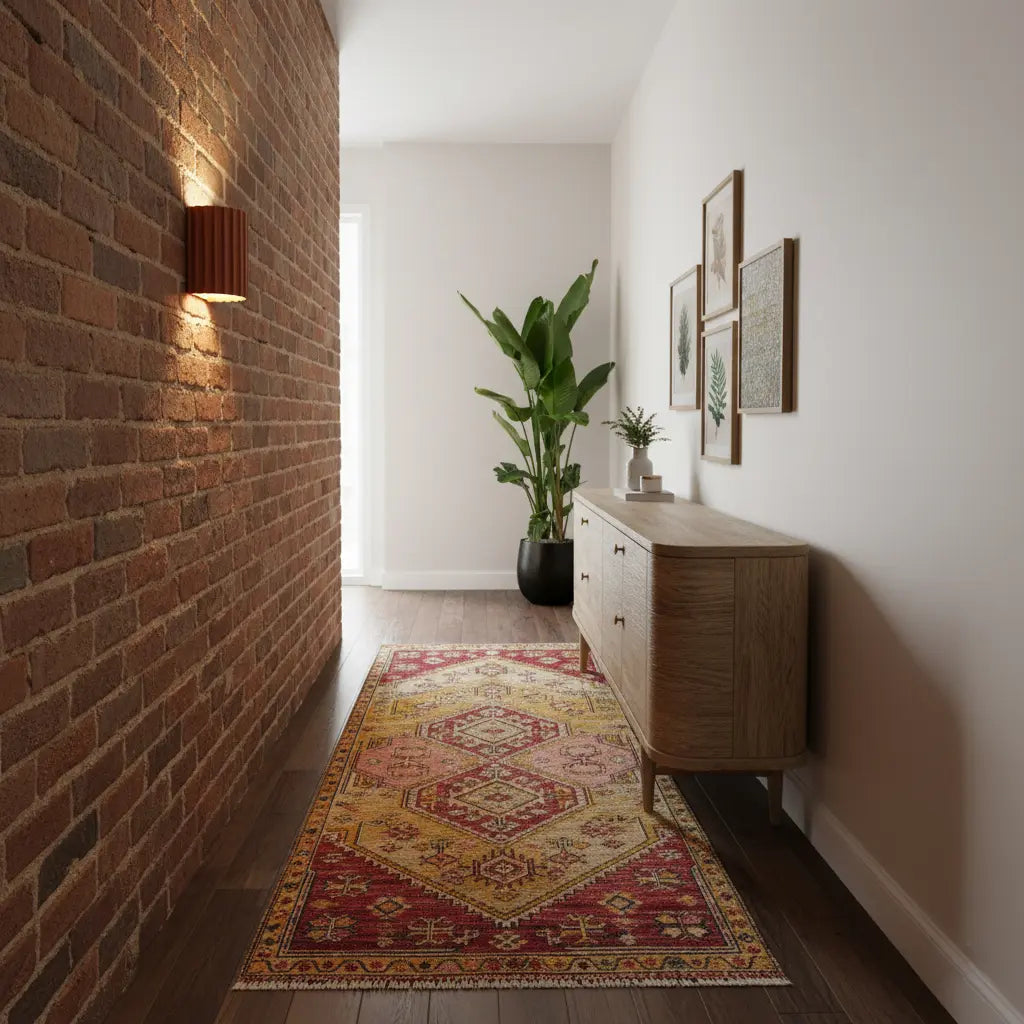 Terracotta wandlamp aan een bakstenen muur in een gang met een kleurrijk tapijt en dressoir 4