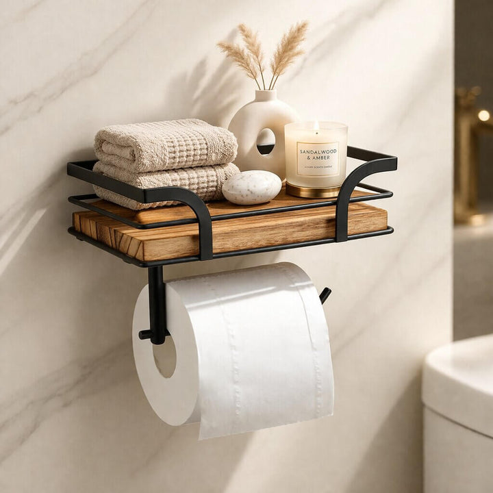 Zwart metalen wandhouder met houten plankje, met een toiletrol eronder en handdoeken, kaars, zeep en vaasje met pampasgras erop. 1