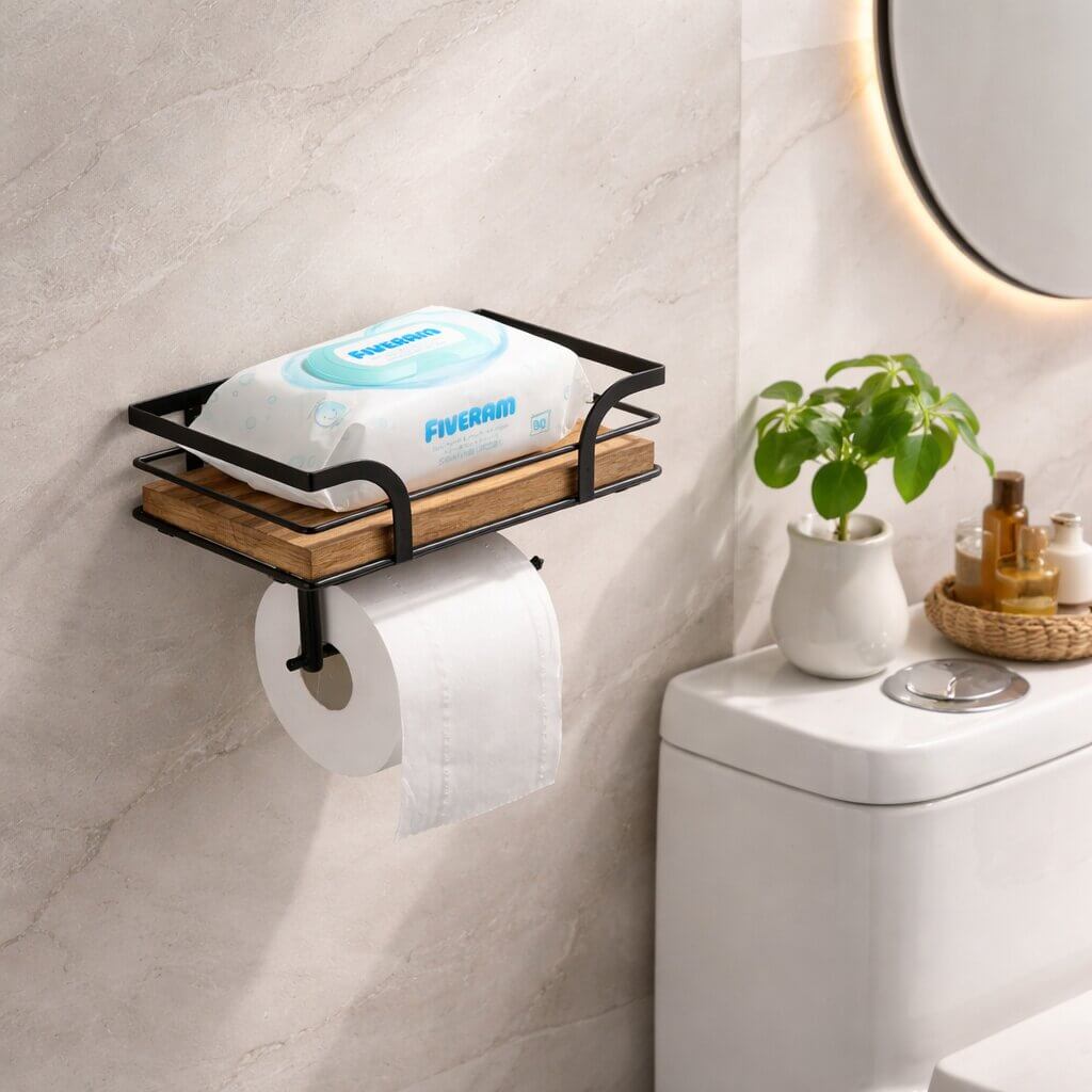 Wandhouder met houten plankje boven het toilet, met een pak vochtige doekjes op het plankje en een toiletrol eronder. 2