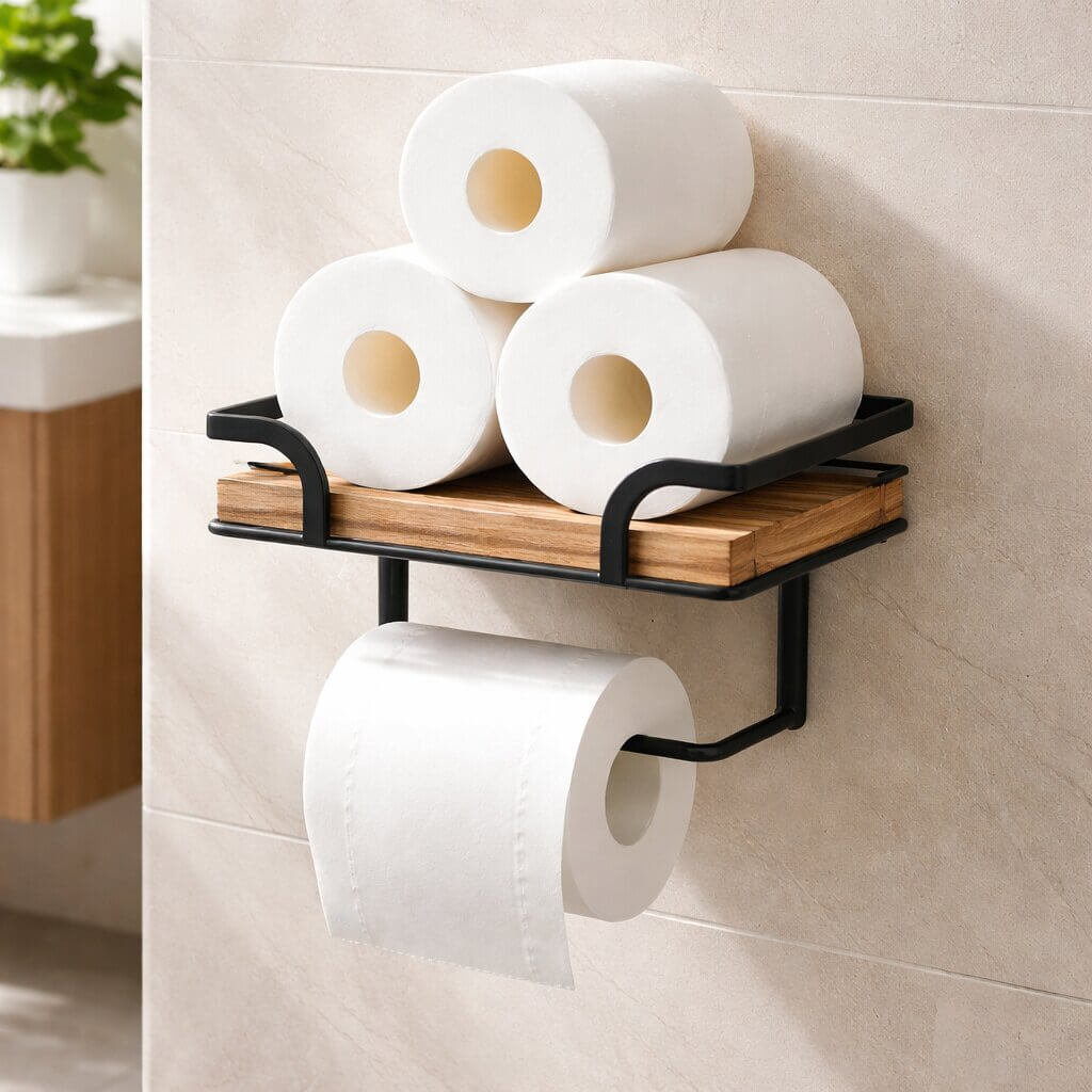 Houder aan een beige tegelwand, met drie opgestapelde reserve toiletrollen op het houten plankje en een rol op de stang. 4