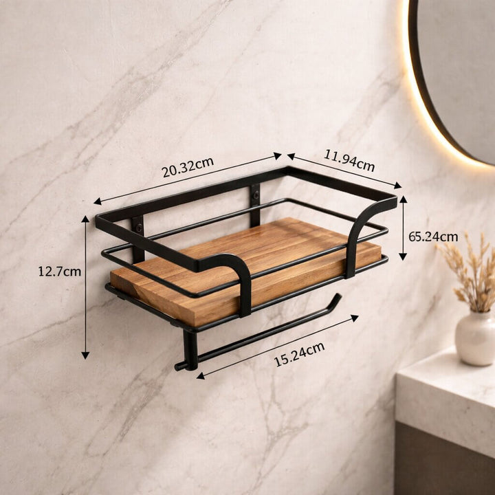 Houder aan de muur met maataanduidingen bij het plankje en de stang, zonder toiletrol, zodat de afmetingen zichtbaar zijn. 6