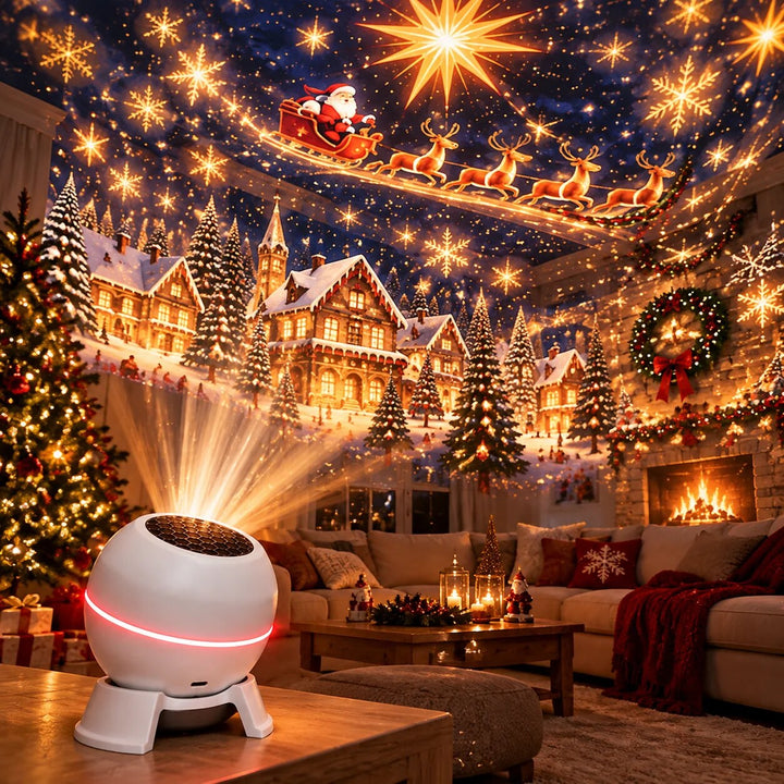 Witte bolvormige projector op een salontafel werpt een kerstscène met slee en rendieren op het plafond 1
