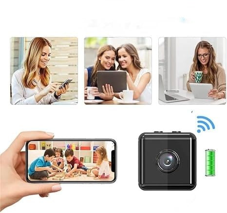 Collage van gebruiksmomenten met de smartphone-app, plus de compacte zwarte camera met wifi-symbool en batterij-indicator. 3