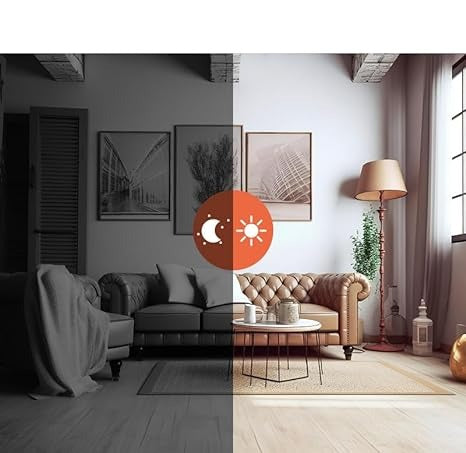 Woonkamer in twee helften: links nachtbeeld in zwart-wit, rechts dagbeeld in kleur 5