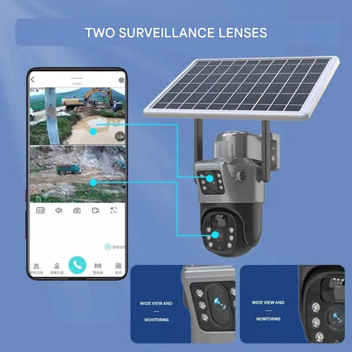 Smartphone met twee livebeelden van een bouwplaats, gekoppeld aan de twee lenzen van de camera met zonnepaneel 13