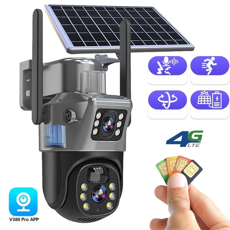 Camera met zonnepaneel en pictogrammen voor 4G, simkaarten en bediening via een app 3