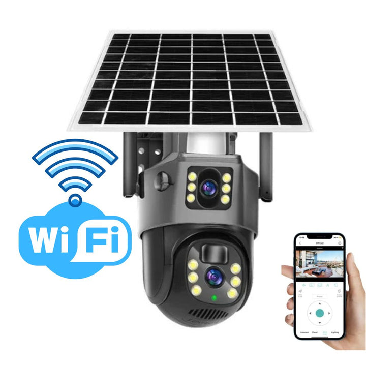 Camera met zonnepaneel naast een wifi-logo en een hand die de bedieningsapp op een smartphone toont 4