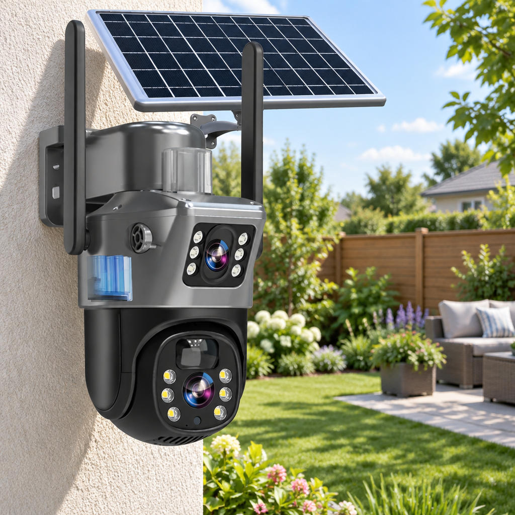 Camera met zonnepaneel en twee lenzen aan een gevel, met zonnige tuin op de achtergrond 1