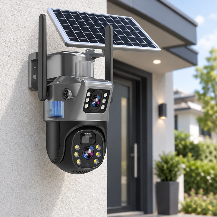 Camera met zonnepaneel en twee antennes aan een buitenmuur naast een voordeur van een woning 1