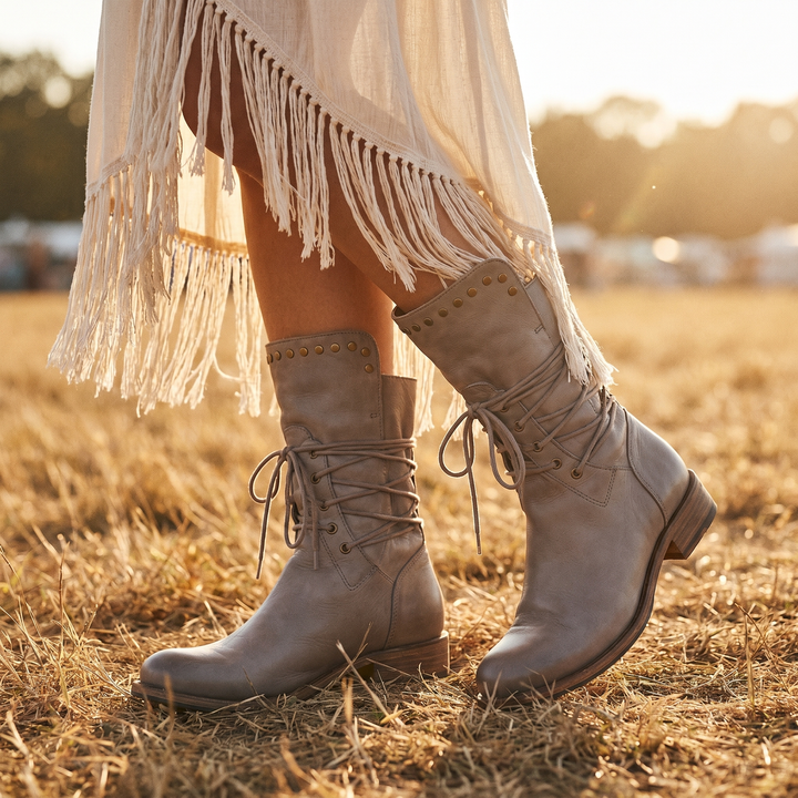 Women's Lace-Up Mid-Calf Boots with Stud Detail 21