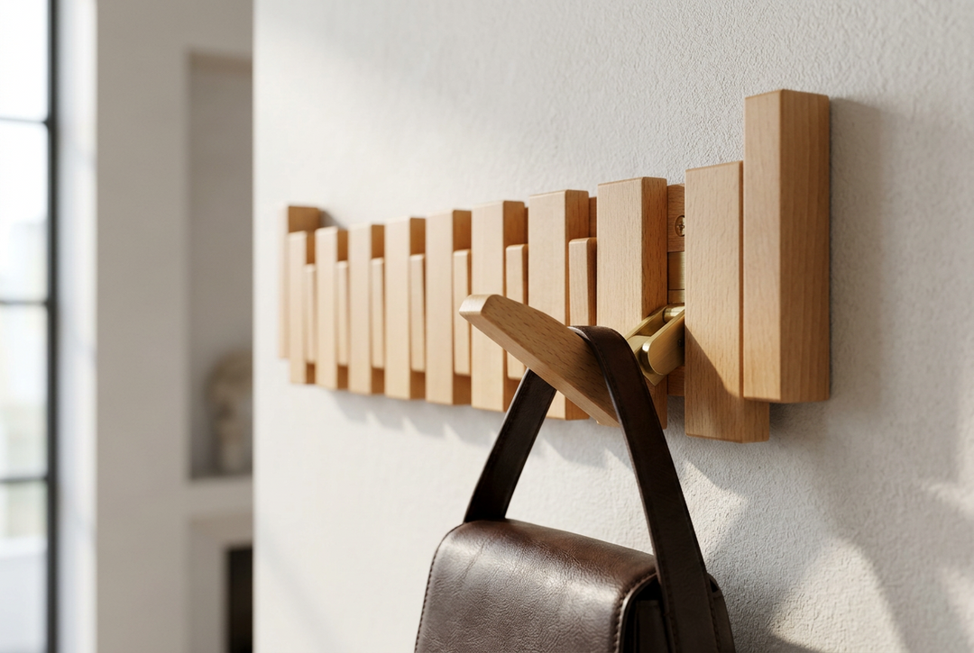 Lichte houten wandhanger met messingkleurig scharnier en een bruine leren tas aan de uitgeklapte haak 13