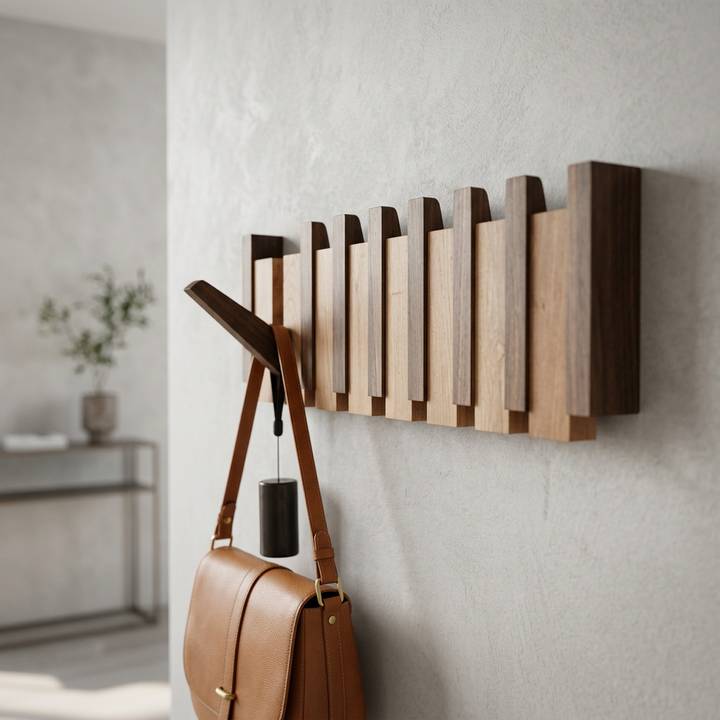 Wandhanger op een grijze gestucte muur met een bruine leren schoudertas aan een uitgeklapte haak 11