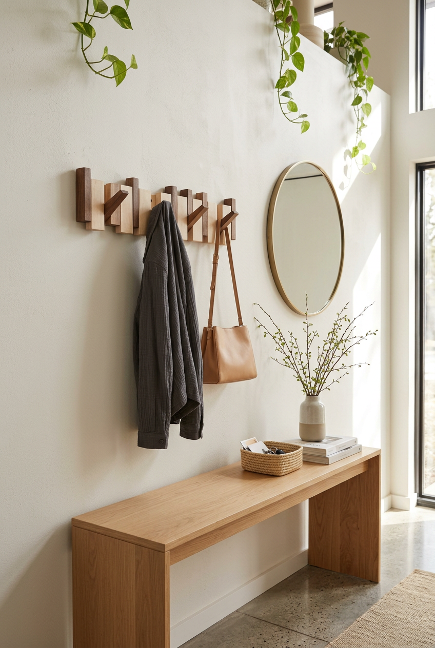Houten kapstokrek aan een lichte muur in een hal, met jas en tas, boven een bank 1