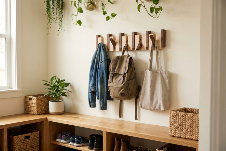 Wandhanger in een hal met een spijkerjasje, rugzak en linnen tas, boven een houten bank 1