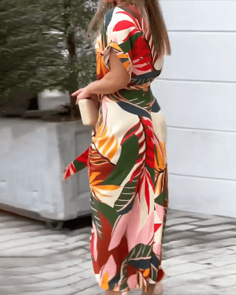 Summer Maxi Dress with Collar and Pleated Waistband – Mirella