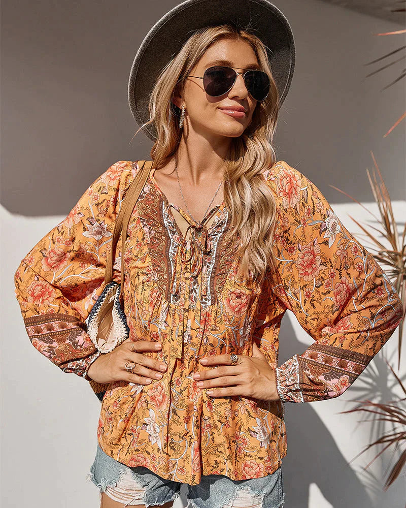 Vintage boho letnia bluzka z kwiatowym nadrukiem i długimi rękawami – Sana