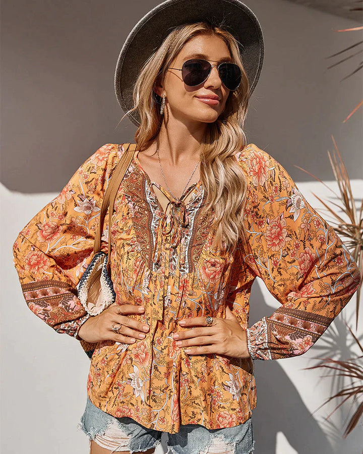 Vintage boho letnia bluzka z kwiatowym nadrukiem i długimi rękawami – Sana