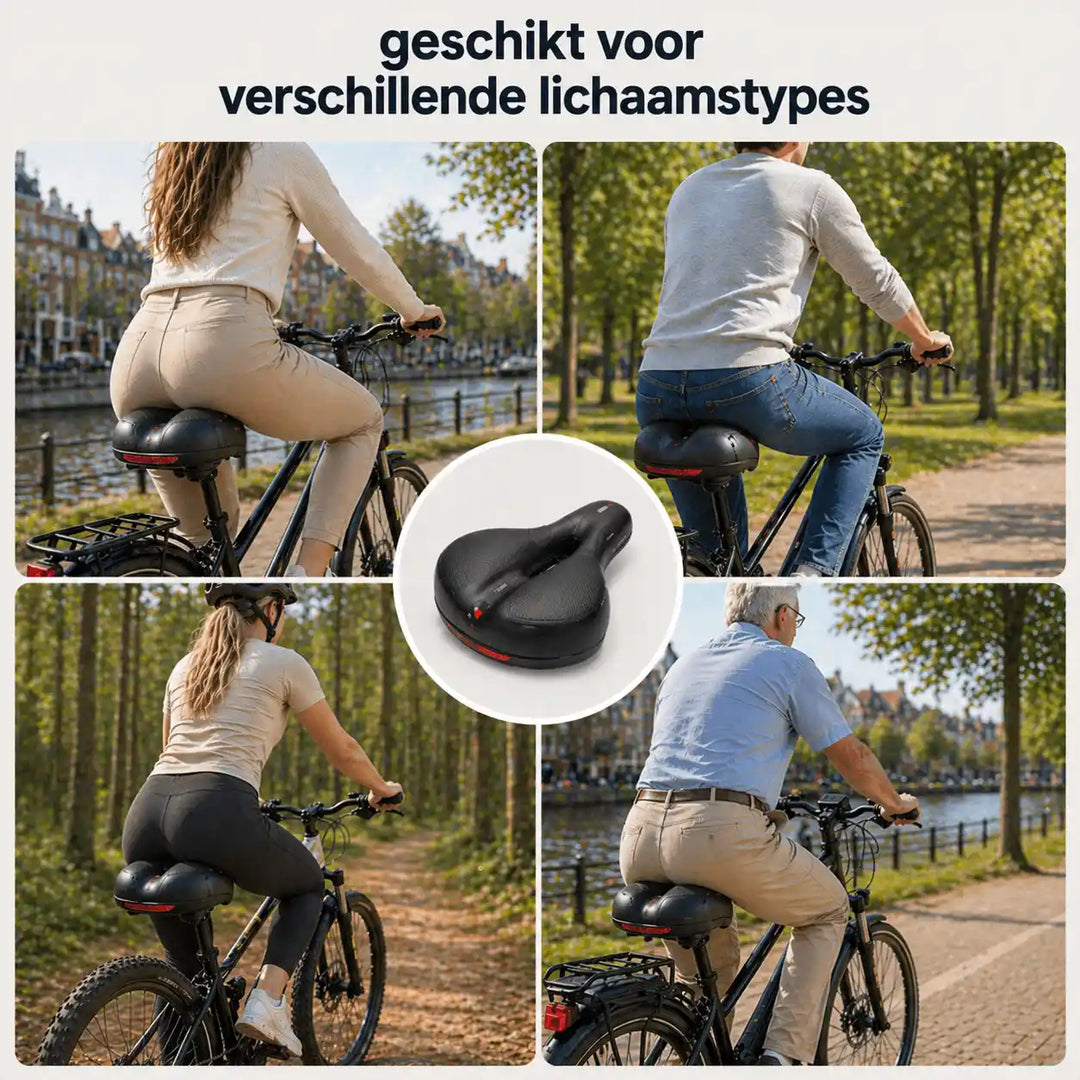 Collage van vier fietsers van verschillende leeftijd en postuur die het zwarte zadel gebruiken, met het zadel in het midden. 11