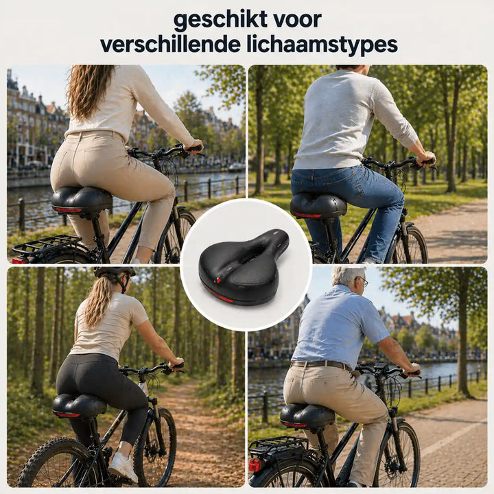 Collage van vier fietsers van verschillende leeftijd en postuur die het zwarte zadel gebruiken, met het zadel in het midden. 11