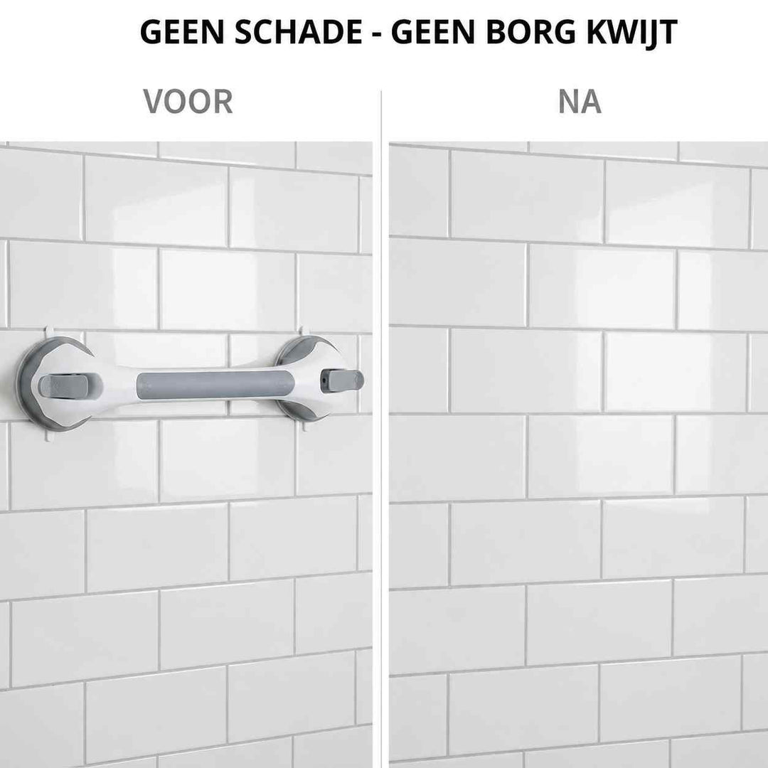 Voor-en-nabeeld op witte tegels: links de bevestigde beugel, rechts dezelfde wand zonder beugel en zonder sporen. 9