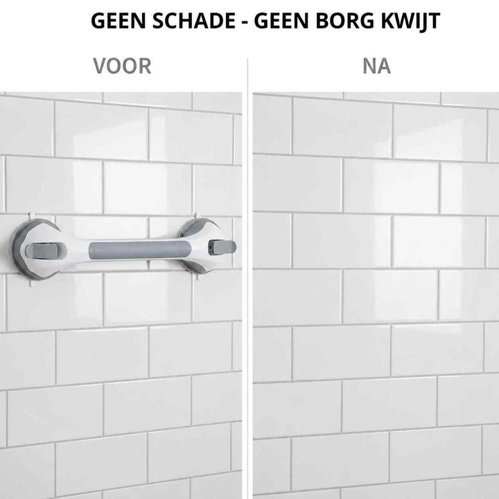 Voor-en-nabeeld op witte tegels: links de bevestigde beugel, rechts dezelfde wand zonder beugel en zonder sporen. 9