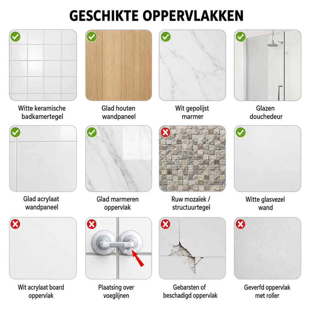 Overzicht van geschikte en ongeschikte ondergronden voor de zuignap, zoals gladde tegels en marmer tegenover ruw mozaïek, voegen en gebarsten wand. 12