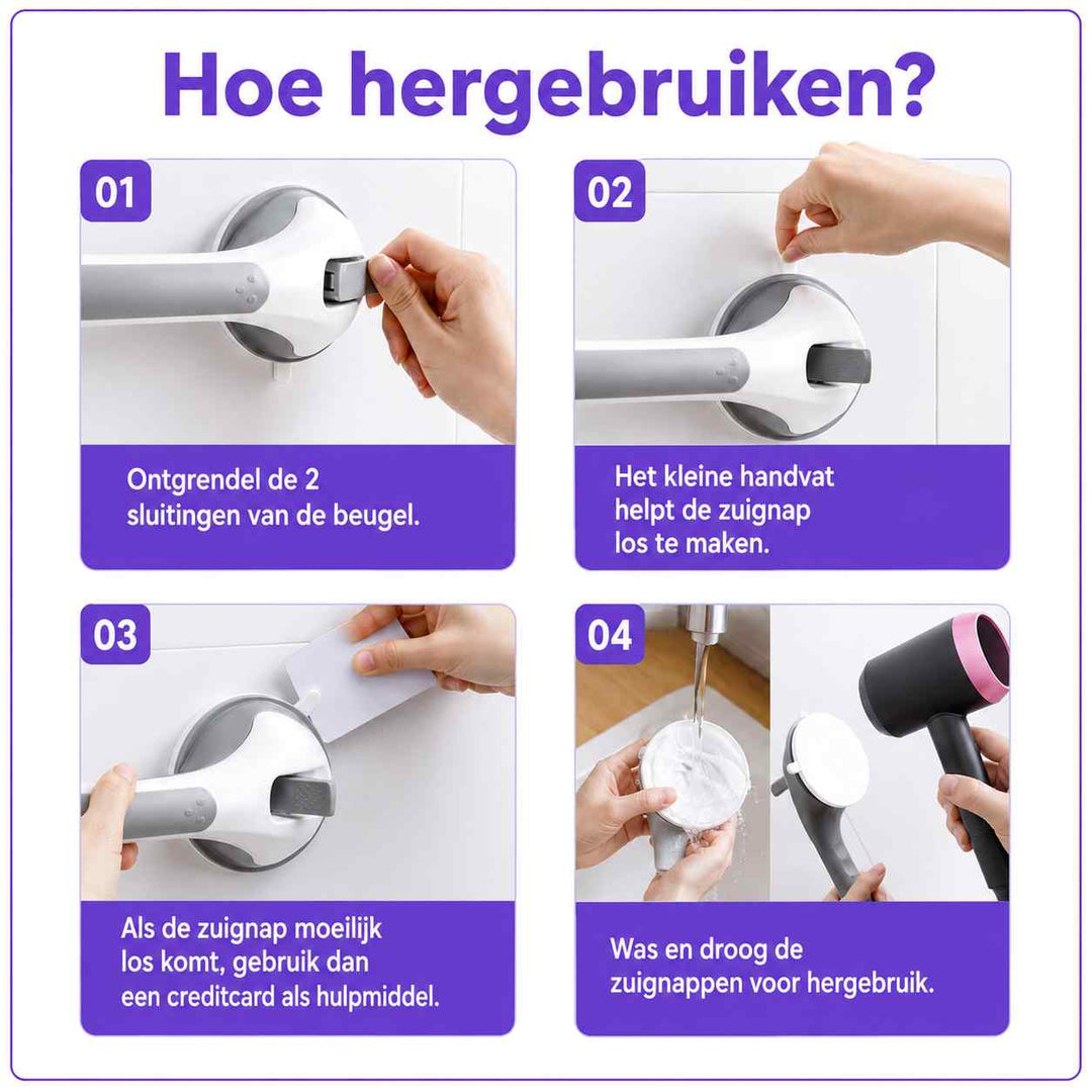 Uitleg voor hergebruik in vier stappen: vergrendeling openen, zuignap losmaken, creditcard als hulpmiddel, zuignappen wassen en drogen met een föhn. 18