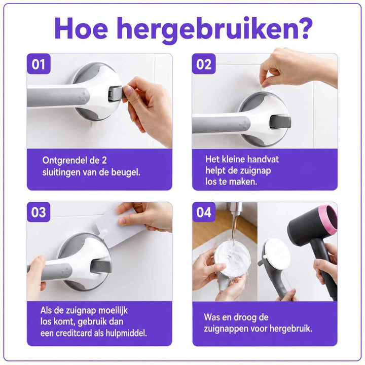 Uitleg voor hergebruik in vier stappen: vergrendeling openen, zuignap losmaken, creditcard als hulpmiddel, zuignappen wassen en drogen met een föhn. 18