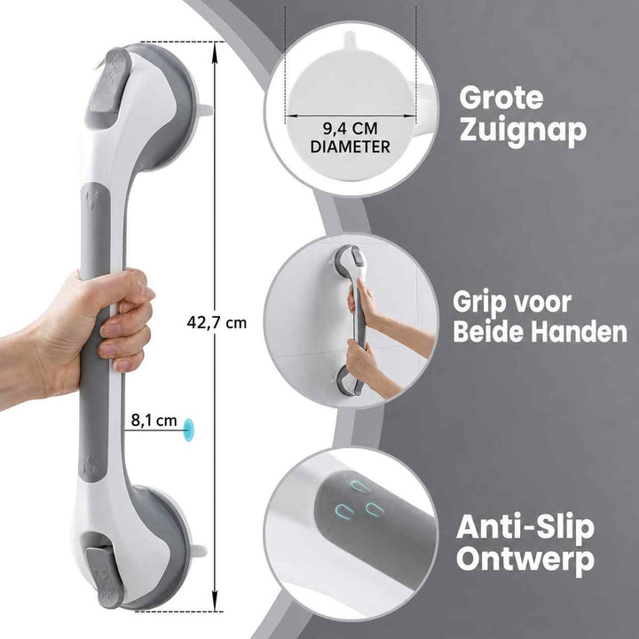 Beugel met afmetingen en uitleg: grote zuignap, grip voor beide handen en antislipontwerp met een hand om de greep. 10