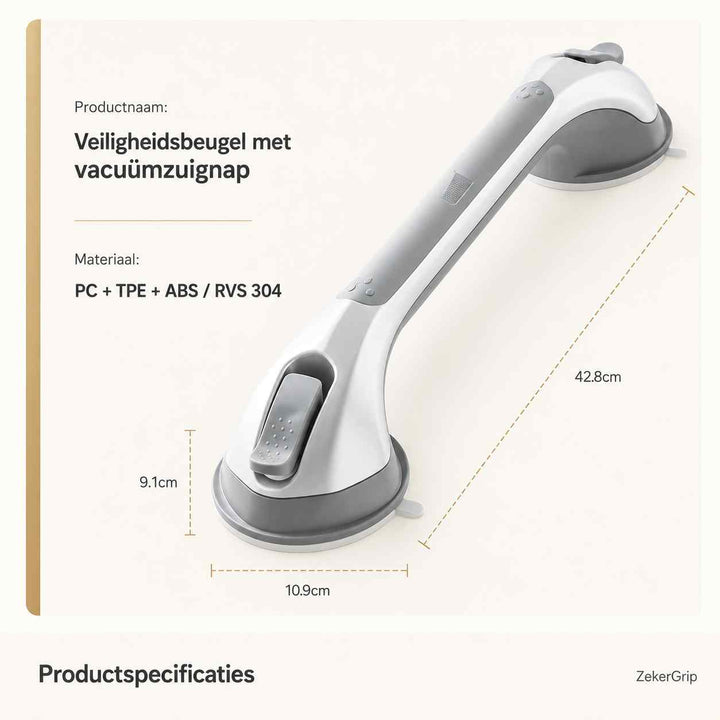 Beugel schuin in beeld met maten van lengte, breedte en hoogte, plus de vermelde materialen in een specificatieoverzicht. 11