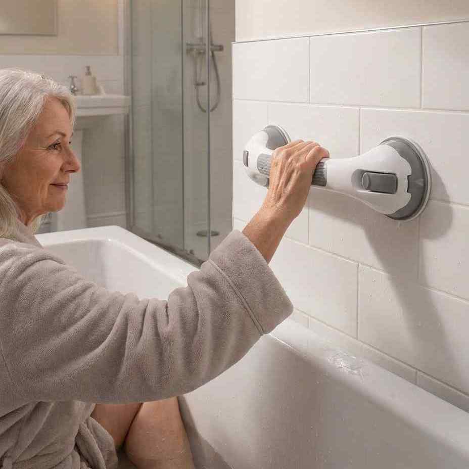 Vrouw in badjas zit op de badrand en steunt met één hand op de beugel aan de witte tegelwand. 8