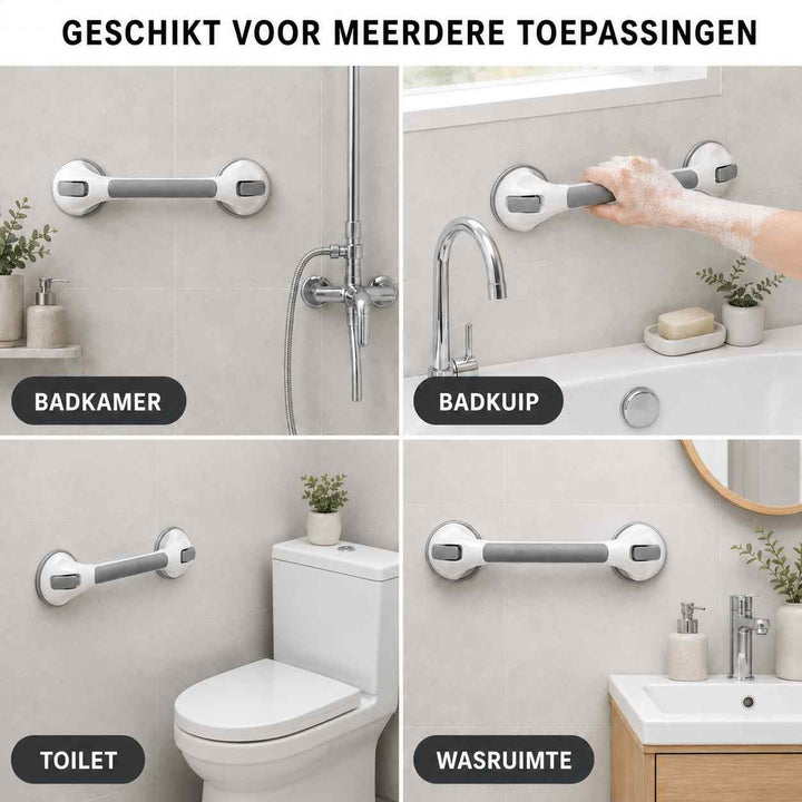 Vier badkamerplekken waar de beugel past: bij de douche, naast het bad, naast het toilet en boven de wastafel. 7