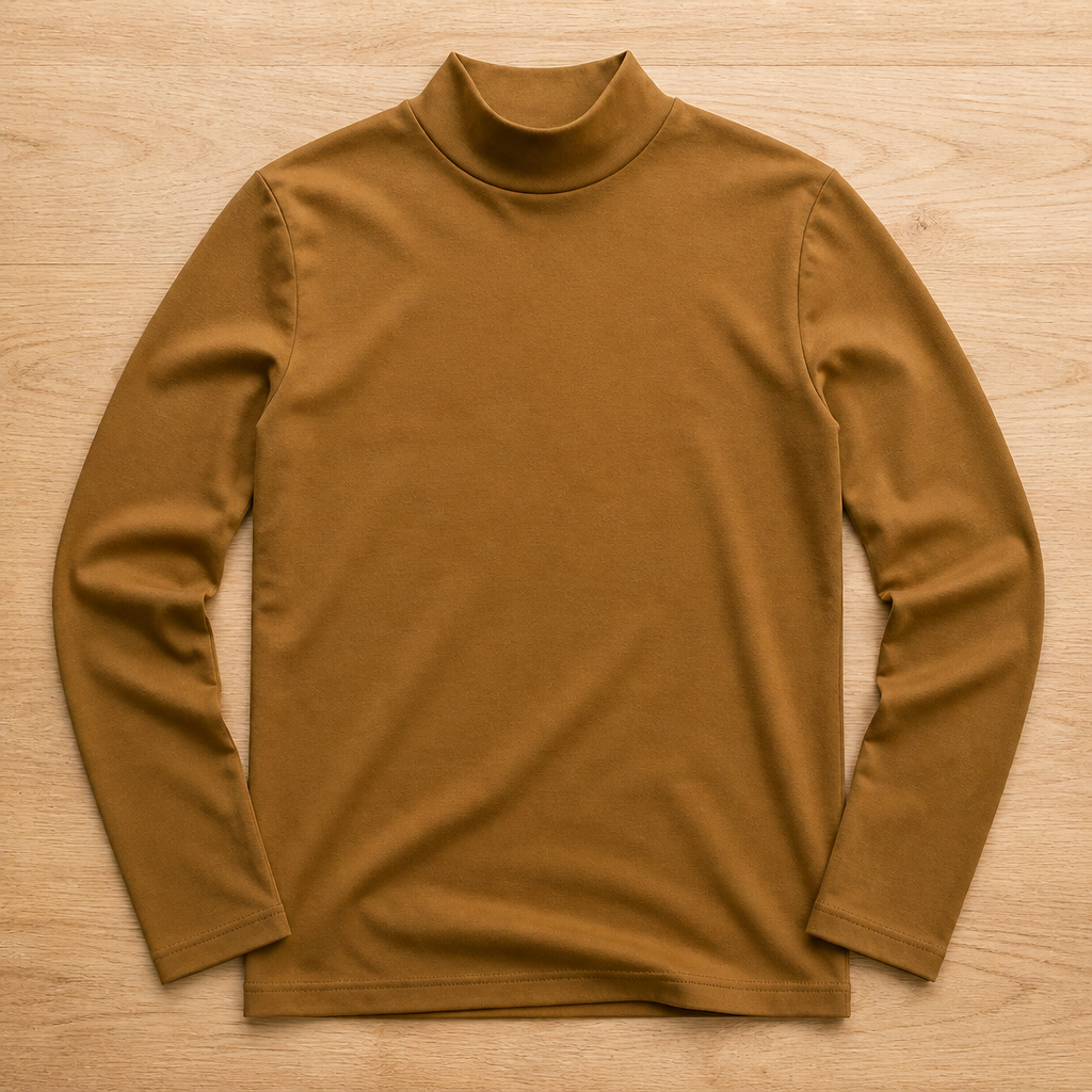 Shirt met lange mouwen en hoge kraag in okerbruin, plat neergelegd op een houten ondergrond. 9