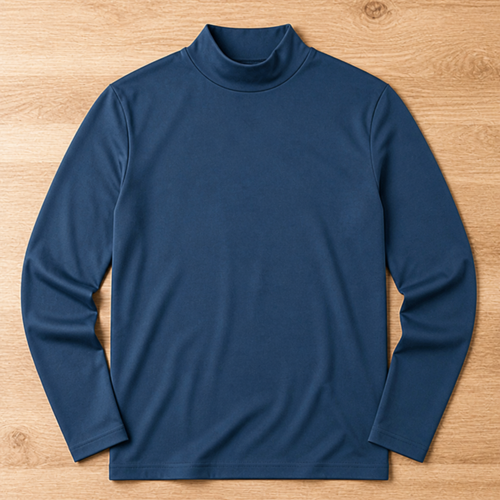 Shirt met lange mouwen en hoge kraag in donkerblauw, plat neergelegd op een houten ondergrond. 12