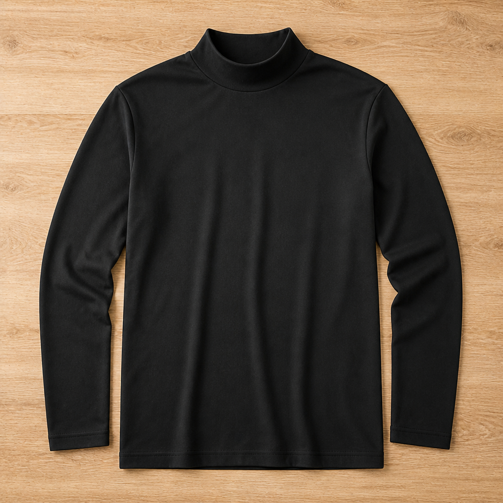 Zwart shirt met lange mouwen en hoge kraag, plat neergelegd op een warme houten vloer. 10