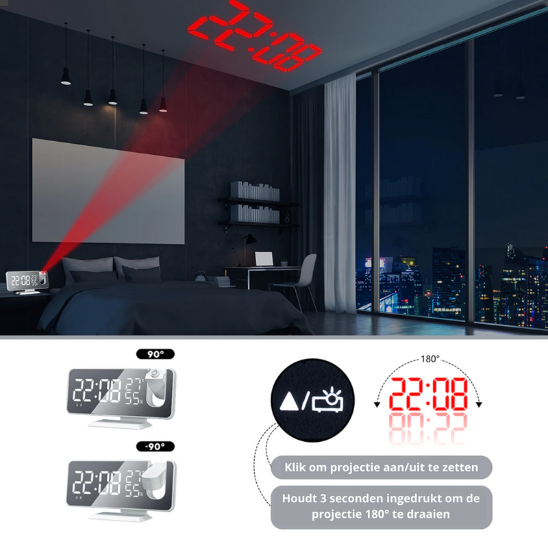 Sammy Jackson™ Astronatic™ | De Beste Alarmklok met LED Scherm - 180° Projector - USB lader
