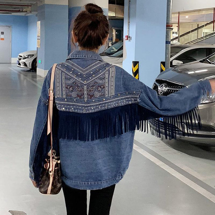 Boho Brooklynn kurtka dżinsowa | Unikalna kurtka z kwiatowym nadrukiem i frędzlami