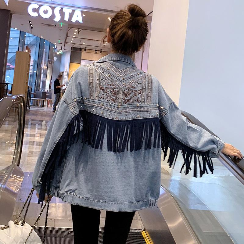 Boho Brooklynn kurtka dżinsowa | Unikalna kurtka z kwiatowym nadrukiem i frędzlami