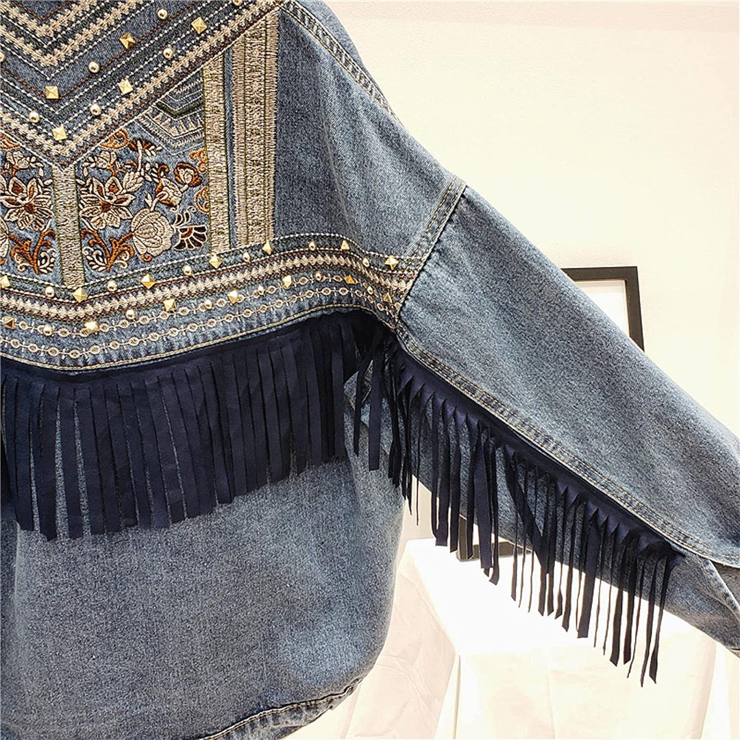 Boho Brooklynn kurtka dżinsowa | Unikalna kurtka z kwiatowym nadrukiem i frędzlami