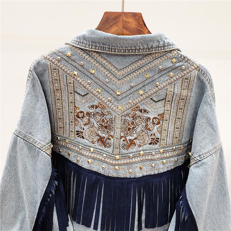 Boho Brooklynn kurtka dżinsowa | Unikalna kurtka z kwiatowym nadrukiem i frędzlami