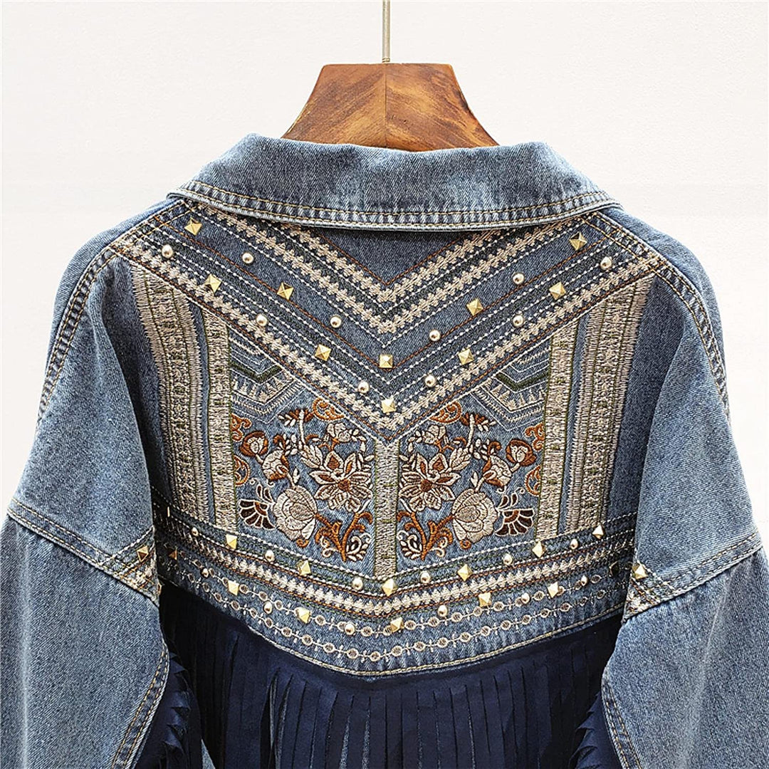 Boho Brooklynn kurtka dżinsowa | Unikalna kurtka z kwiatowym nadrukiem i frędzlami