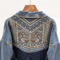 Boho Brooklynn kurtka dżinsowa | Unikalna kurtka z kwiatowym nadrukiem i frędzlami