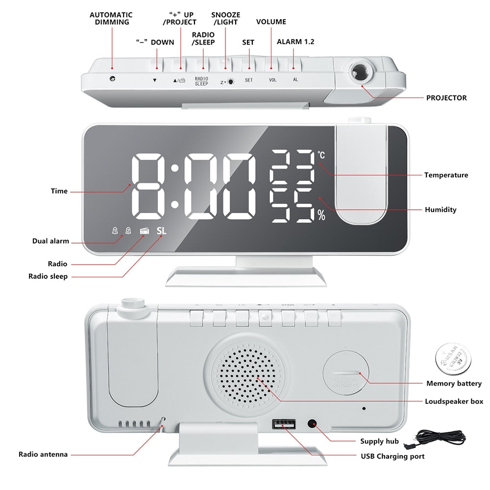 Sammy Jackson™ Astronatic™ | De Beste Alarmklok met LED Scherm - 180° Projector - USB lader