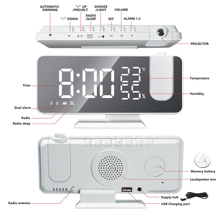 Sammy Jackson™ Astronatic™ | De Beste Alarmklok met LED Scherm - 180° Projector - USB lader