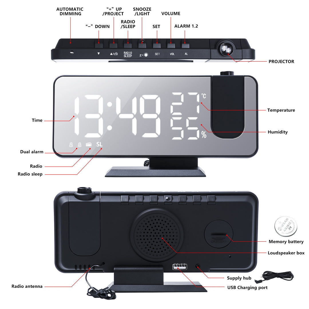 Sammy Jackson™ Astronatic™ | De Beste Alarmklok met LED Scherm - 180° Projector - USB lader