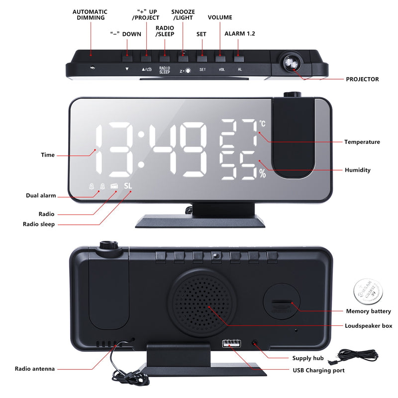 Sammy Jackson™ Astronatic™ | De Beste Alarmklok met LED Scherm - 180° Projector - USB lader